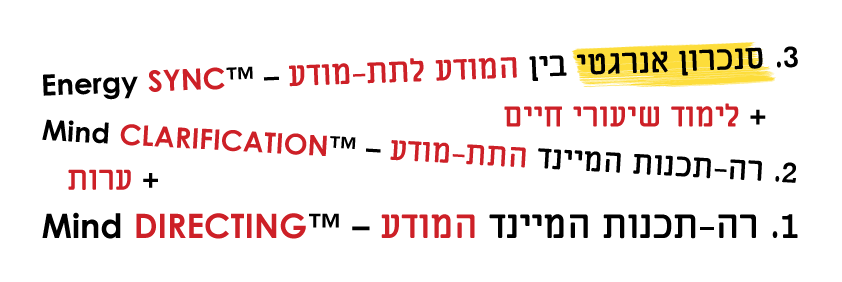 3. סנכרון אנרגטי בין המודע לתת-מודע – ™Energy SYNC + לימוד שיעורי חיים 2. רה-תכנות המיינד התת-מודע – ™Mind CLARIFICATION + ערות 1. רה-תכנות המיינד המודע – ™Mind DIRECTING